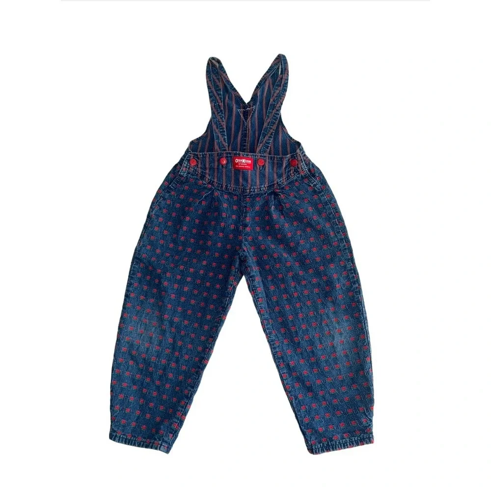OshKosh B'Gosh Girls 18M Blue Red Vintage Floral‎ Denim Overalls Retro Casual
